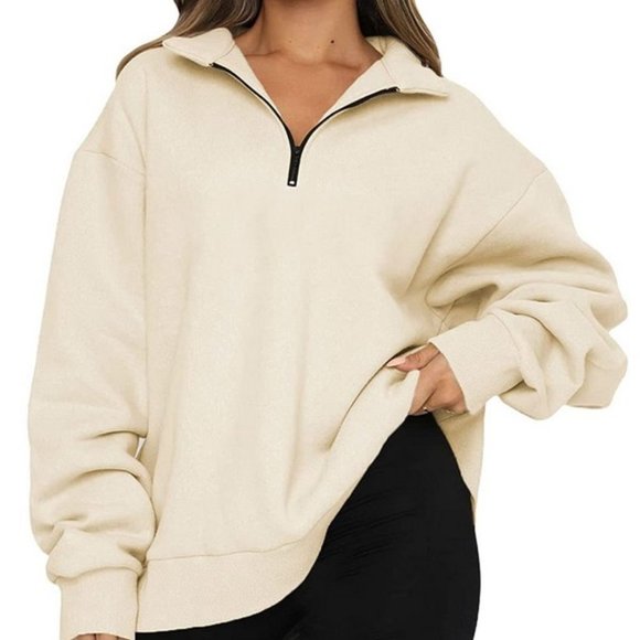 Sweaters - WOMEN Half Zip Oversized Sweatshirts Long Sleeve - Zip Apricot